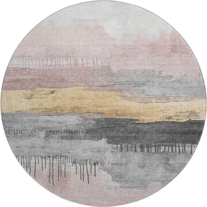HomeRoots 8' Blush Gold & Ivory Abstract Round Rug - Washable, UV Protected, Stylish & Durable for Homes 706664