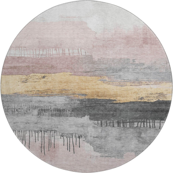 HomeRoots 8' Blush Gold & Ivory Abstract Round Rug - Washable, UV Protected, Stylish & Durable for Homes 706664