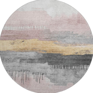 HomeRoots 8' Blush Gold & Ivory Abstract Round Rug - Washable, UV Protected, Stylish & Durable for Homes 706664