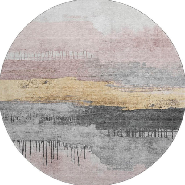 HomeRoots 8' Blush Gold & Ivory Abstract Round Rug - Washable, UV Protected, Stylish & Durable for Homes 706664
