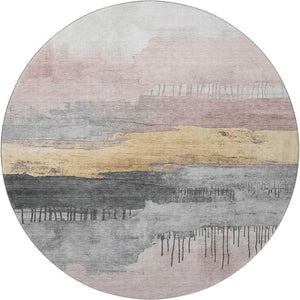HomeRoots 8' Blush Gold & Ivory Abstract Round Rug - Washable, UV Protected, Stylish & Durable for Homes 706664