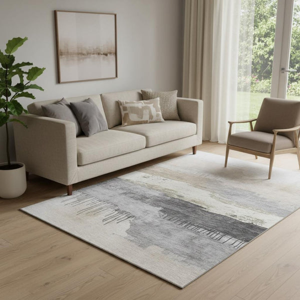 HomeRoots 5' X 8' Ivory Gray Beige Abstract Area Rug - Stain-Resistant, UV Protected, Modern Design for Homes 706669