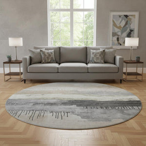 HomeRoots 8' Abstract Washable Round Rug in Ivory, Gray & Beige with UV Protection for Modern Living Spaces 706670