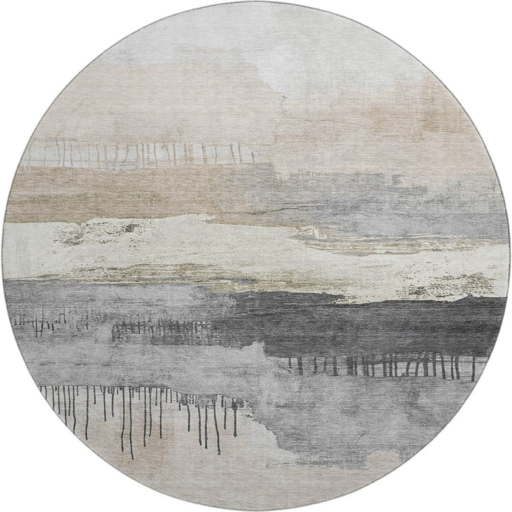 HomeRoots 8' Abstract Washable Round Rug in Ivory, Gray & Beige with UV Protection for Modern Living Spaces 706670