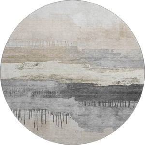 HomeRoots 8' Abstract Washable Round Rug in Ivory, Gray & Beige with UV Protection for Modern Living Spaces 706670