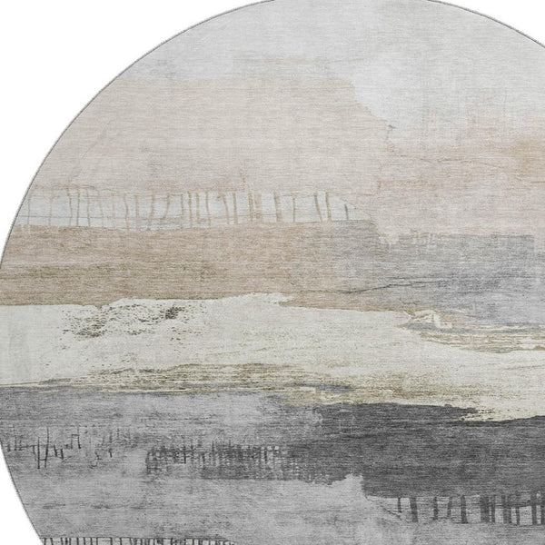 HomeRoots 8' Abstract Washable Round Rug in Ivory, Gray & Beige with UV Protection for Modern Living Spaces 706670