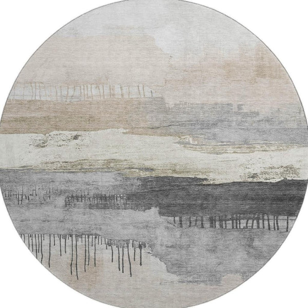 HomeRoots 8' Abstract Washable Round Rug in Ivory, Gray & Beige with UV Protection for Modern Living Spaces 706670