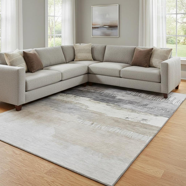 HomeRoots 8' X 10' Ivory Gray Beige Abstract Washable Area Rug - Durable, UV-Protected & Easy to Clean! 706671