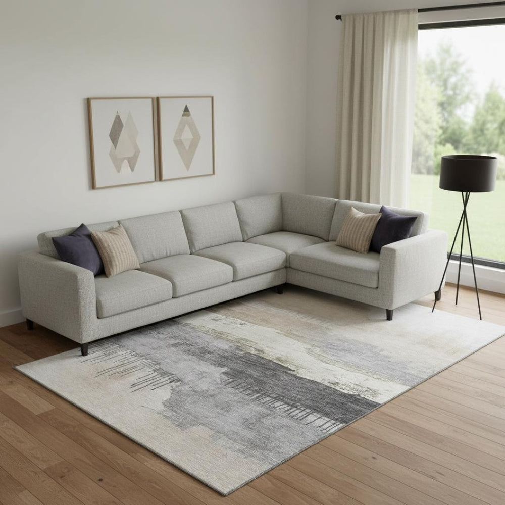 HomeRoots 9' x 12' Abstract Ivory Gray Beige Area Rug - Washable, UV Protected, Stain Resistant for Homes 706672