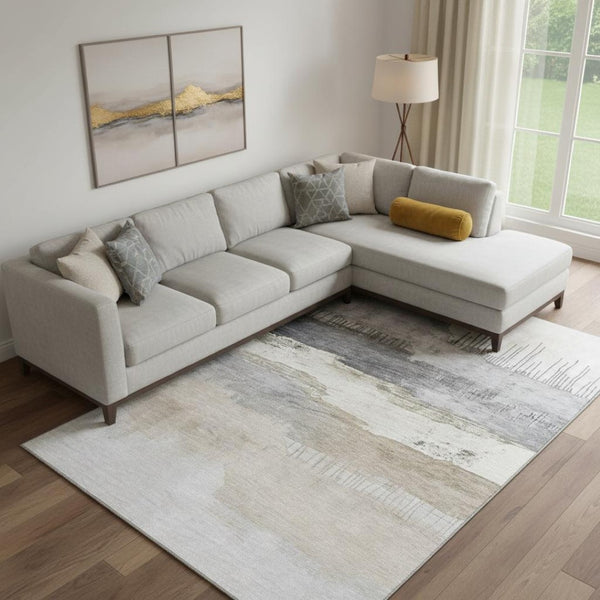 HomeRoots 10' Ivory Gray Beige Abstract Washable Area Rug – Durable, Stain Resistant, UV Protected for Homes! 706673