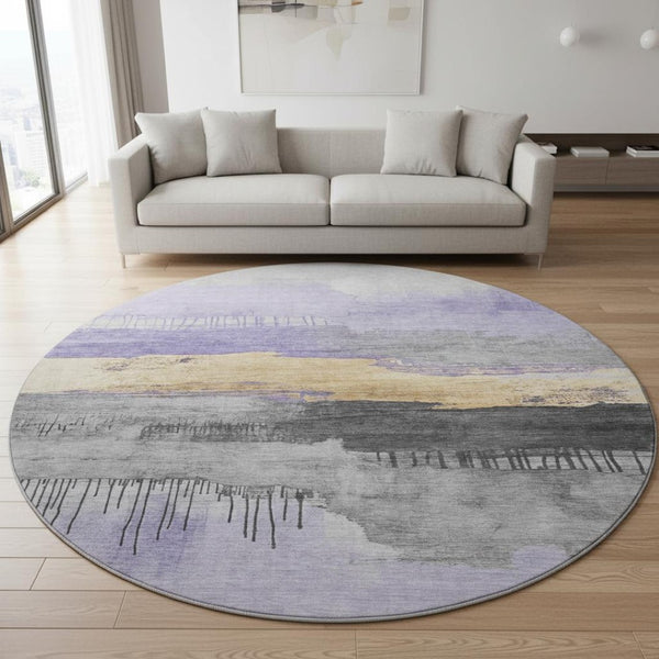 HomeRoots 8' Modern Abstract Round Area Rug in Lavender, Gold & Ivory - Washable, UV Protected & Stylish 706676