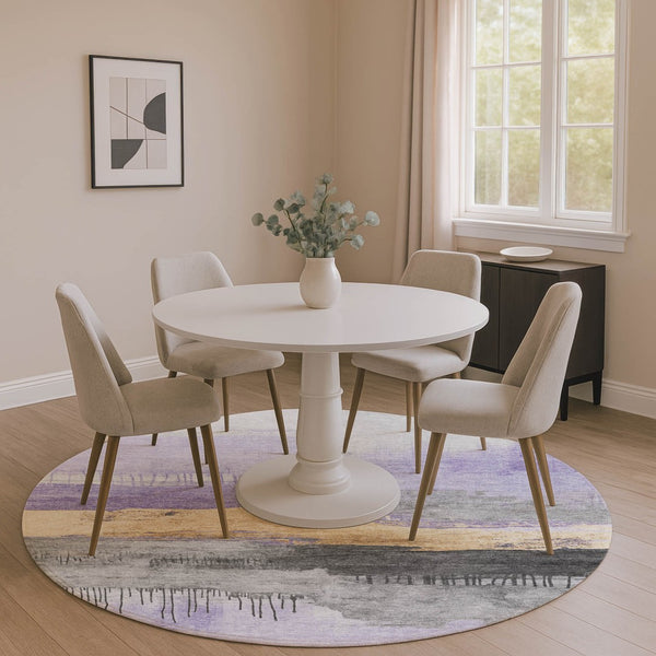 HomeRoots 8' Modern Abstract Round Area Rug in Lavender, Gold & Ivory - Washable, UV Protected & Stylish 706676