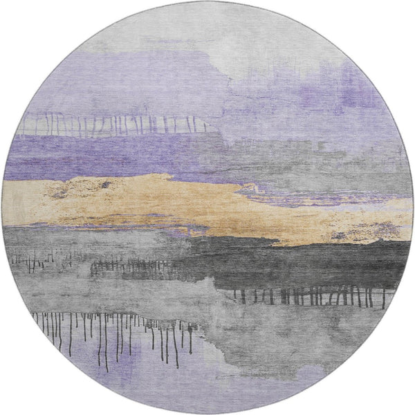 HomeRoots 8' Modern Abstract Round Area Rug in Lavender, Gold & Ivory - Washable, UV Protected & Stylish 706676