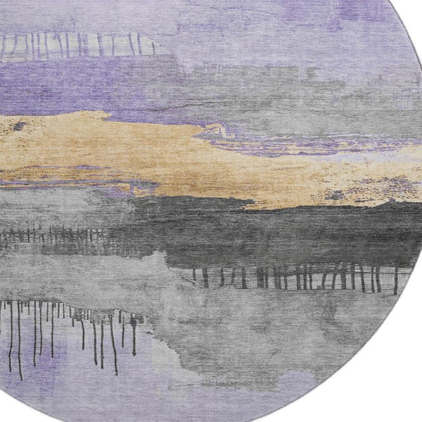 HomeRoots 8' Modern Abstract Round Area Rug in Lavender, Gold & Ivory - Washable, UV Protected & Stylish 706676