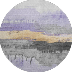 HomeRoots 8' Modern Abstract Round Area Rug in Lavender, Gold & Ivory - Washable, UV Protected & Stylish 706676
