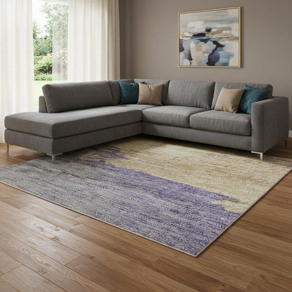 HomeRoots 8' X 10' Abstract Area Rug in Lavender, Gold & Ivory – Washable, UV-Protected & Non-Slip Design! 706677