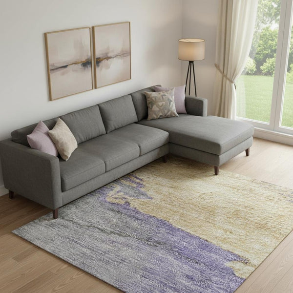 HomeRoots 9' Modern Abstract Lavender Gold Ivory Area Rug - Washable, UV Protected, Durable & Stylish Design! 706678