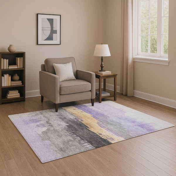 HomeRoots 9' Modern Abstract Lavender Gold Ivory Area Rug - Washable, UV Protected, Durable & Stylish Design! 706678