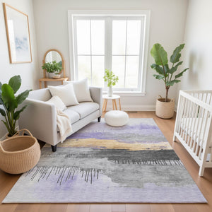 HomeRoots 9' Modern Abstract Lavender Gold Ivory Area Rug - Washable, UV Protected, Durable & Stylish Design! 706678