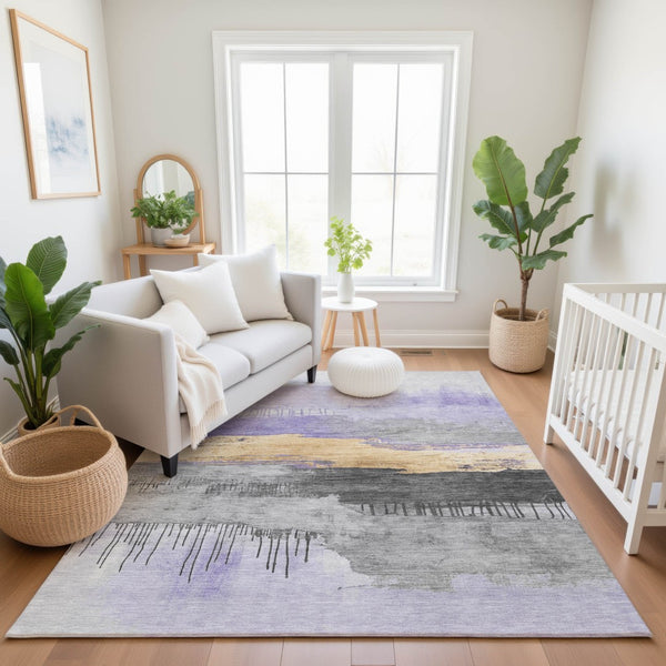 HomeRoots 9' Modern Abstract Lavender Gold Ivory Area Rug - Washable, UV Protected, Durable & Stylish Design! 706678