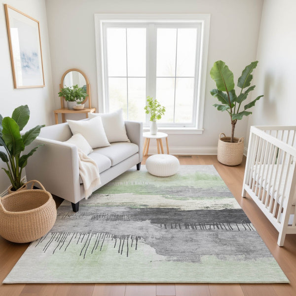 HomeRoots 5' X 8' Mint Green Ivory Gray Abstract Area Rug – Washable, UV-Protected, Stylish & Durable Design 706681