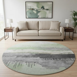 HomeRoots 8' Stylish Mint Green, Ivory, and Gray Abstract Washable Round Rug with UV Protection & Softness 706682