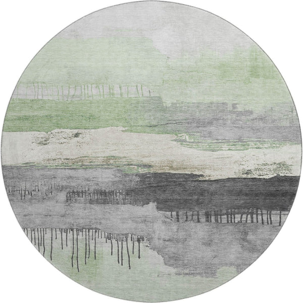 HomeRoots 8' Stylish Mint Green, Ivory, and Gray Abstract Washable Round Rug with UV Protection & Softness 706682