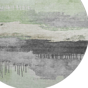HomeRoots 8' Stylish Mint Green, Ivory, and Gray Abstract Washable Round Rug with UV Protection & Softness 706682