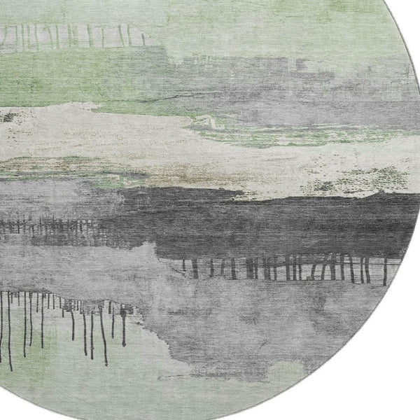 HomeRoots 8' Stylish Mint Green, Ivory, and Gray Abstract Washable Round Rug with UV Protection & Softness 706682