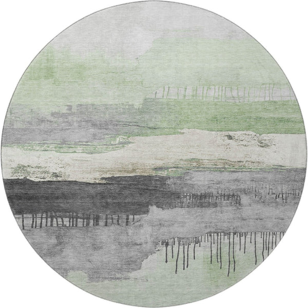 HomeRoots 8' Stylish Mint Green, Ivory, and Gray Abstract Washable Round Rug with UV Protection & Softness 706682