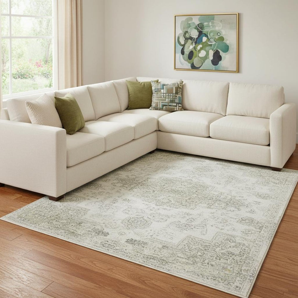 HomeRoots 8' X 10' Stylish Mint Green, Ivory & Gray Abstract Area Rug - Washable, UV Protected & Non-Slip! 706683