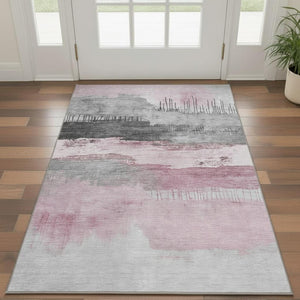 HomeRoots 5' Modern Pink Gray Ivory Abstract Washable Area Rug - UV Protected, Durable & Low-Maintenance Design 706687