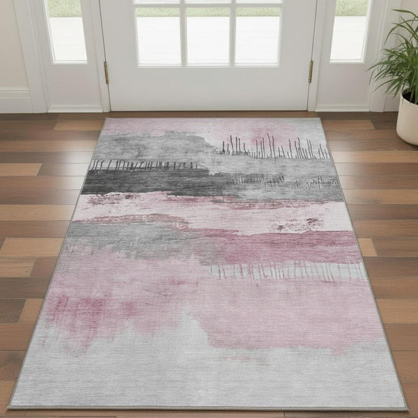 HomeRoots 5' Modern Pink Gray Ivory Abstract Washable Area Rug - UV Protected, Durable & Low-Maintenance Design 706687