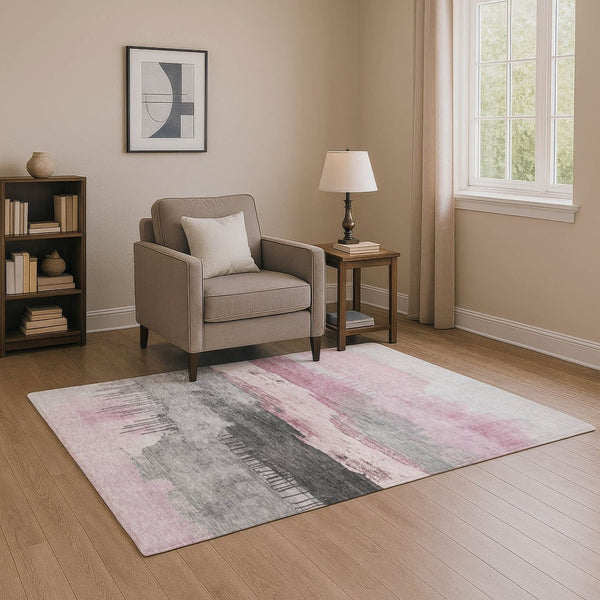 HomeRoots 5' Modern Pink Gray Ivory Abstract Washable Area Rug - UV Protected, Durable & Low-Maintenance Design 706687