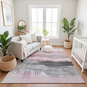 HomeRoots 5' Modern Pink Gray Ivory Abstract Washable Area Rug - UV Protected, Durable & Low-Maintenance Design 706687