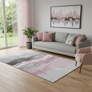 HomeRoots 8' Stylish Pink, Gray & Ivory Abstract Round Rug - Washable, UV Protected, Stain Resistant Design 706688