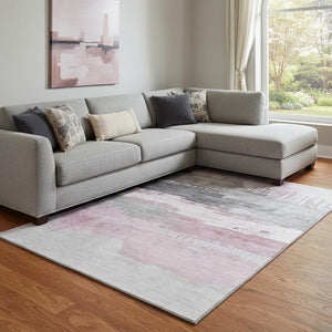 HomeRoots 9' X 12' Pink Gray Ivory Abstract Washable Area Rug – Durable, Stylish, UV-Protected for High Traffic Areas 706690