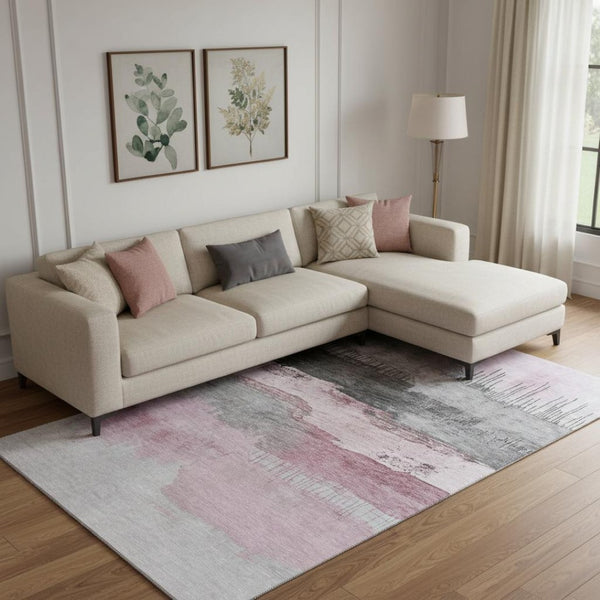 HomeRoots 10' X 14' Modern Pink Gray Ivory Abstract Washable Area Rug with UV Protection for Family Spaces 706691