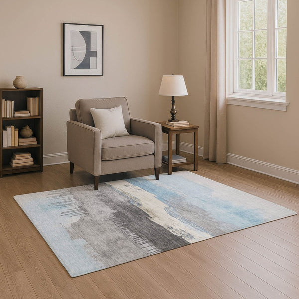 HomeRoots 9' X 12' Sky Blue Gray Ivory Abstract Area Rug - UV Protected, Washable & Perfect for High-Traffic Spaces 706696