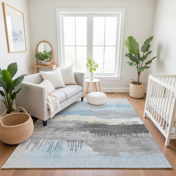 HomeRoots 10' X 14' Sky Blue Gray Ivory Abstract Area Rug - Washable, UV Protected, Stain Resistant, Durable Design 706697
