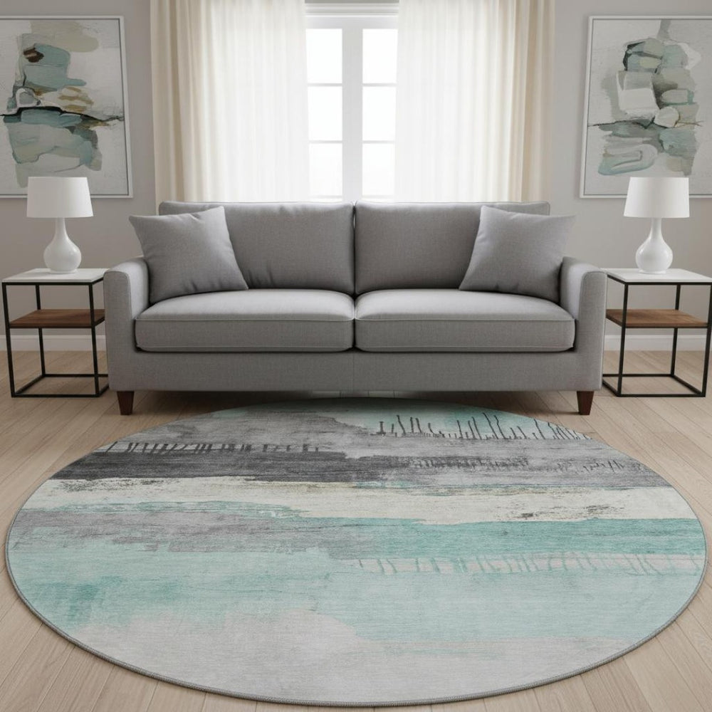 HomeRoots 8' X 10' Modern Teal Gray Ivory Abstract Washable Area Rug - Durable, UV-Protected, Stylish Decor 706701