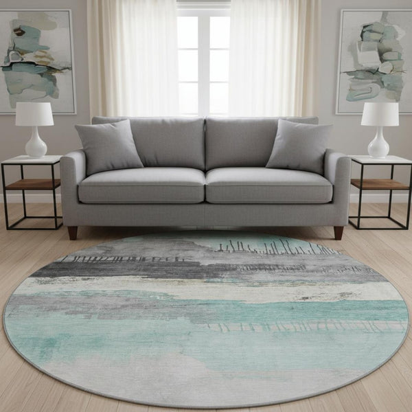HomeRoots 8' X 10' Modern Teal Gray Ivory Abstract Washable Area Rug - Durable, UV-Protected, Stylish Decor 706701