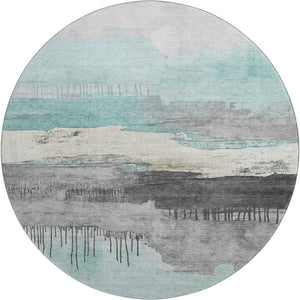HomeRoots 8' X 10' Modern Teal Gray Ivory Abstract Washable Area Rug - Durable, UV-Protected, Stylish Decor 706701
