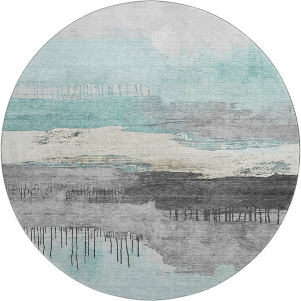 HomeRoots 8' X 10' Modern Teal Gray Ivory Abstract Washable Area Rug - Durable, UV-Protected, Stylish Decor 706701