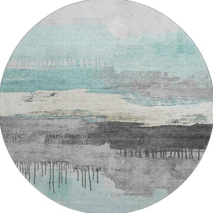 HomeRoots 8' X 10' Modern Teal Gray Ivory Abstract Washable Area Rug - Durable, UV-Protected, Stylish Decor 706701