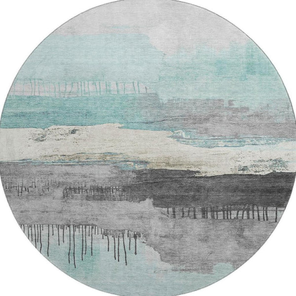 HomeRoots 8' X 10' Modern Teal Gray Ivory Abstract Washable Area Rug - Durable, UV-Protected, Stylish Decor 706701
