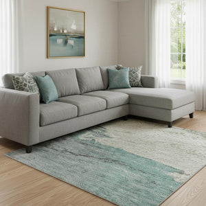 HomeRoots 9' X 12' Teal Gray Ivory Abstract Area Rug - Washable, Stain Resistant, UV Protection for High Traffic 706702