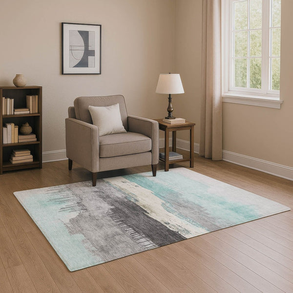 HomeRoots 9' X 12' Teal Gray Ivory Abstract Area Rug - Washable, Stain Resistant, UV Protection for High Traffic 706702