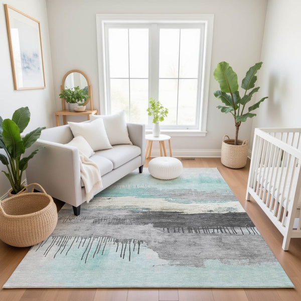 HomeRoots 9' X 12' Teal Gray Ivory Abstract Area Rug - Washable, Stain Resistant, UV Protection for High Traffic 706702