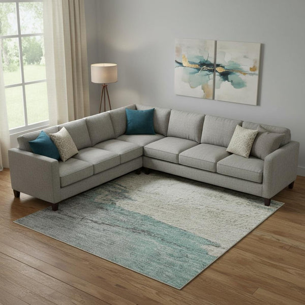 HomeRoots 10' X 14' Teal Gray and Ivory Abstract Area Rug - Durable, UV-Protected, Washable, and Stylish! 706703